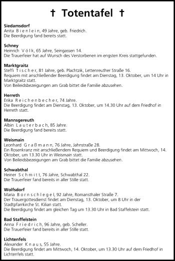 Anzeige von Totentafel vom 13.10.2015 von MGO