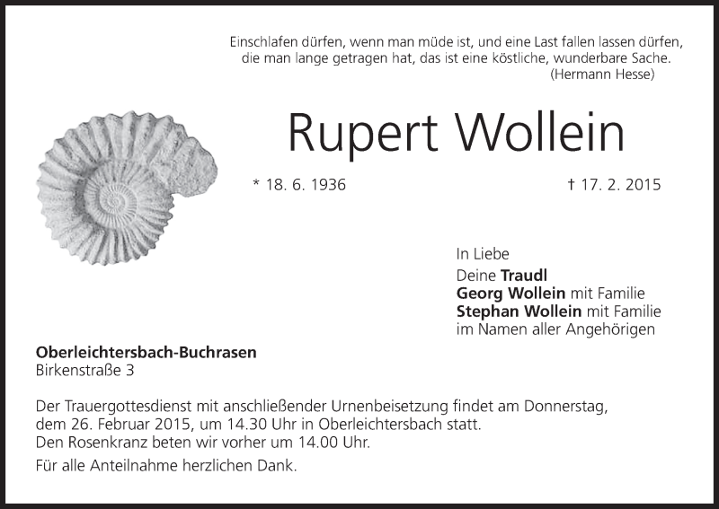  Traueranzeige für Rupert Wollein vom 23.02.2015 aus MGO