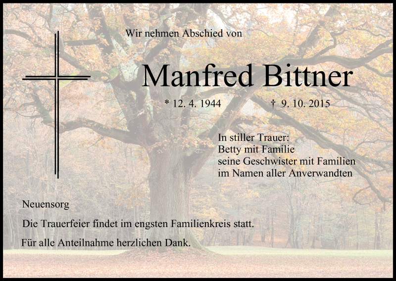  Traueranzeige für Manfred Bittner vom 12.10.2015 aus MGO