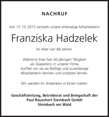 Anzeige von Franziska Hadzelek von MGO