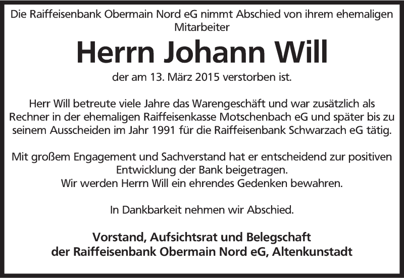  Traueranzeige für Johann Will vom 18.03.2015 aus MGO