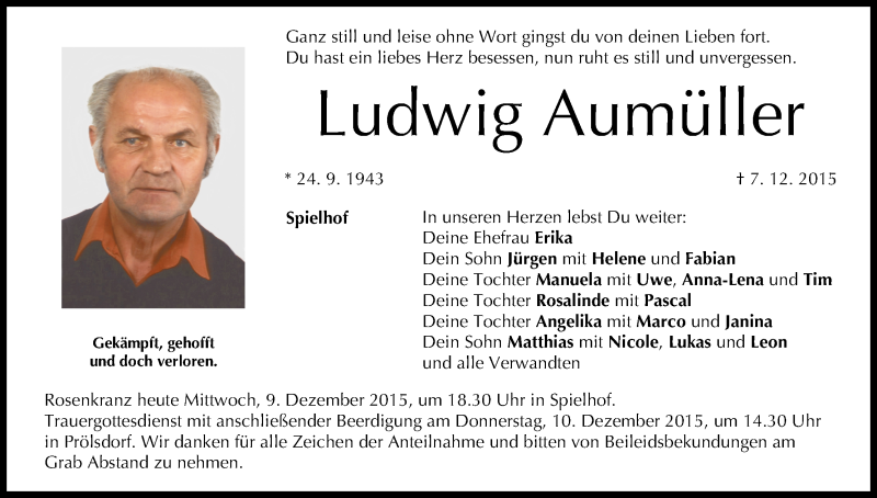  Traueranzeige für Ludwig Aumüller vom 09.12.2015 aus MGO