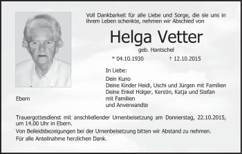 Anzeige von Helga Vetter von MGO