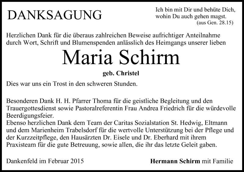  Traueranzeige für Maria Schirm vom 14.02.2015 aus MGO