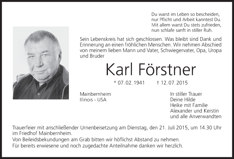  Traueranzeige für Karl Förstner vom 18.07.2015 aus MGO