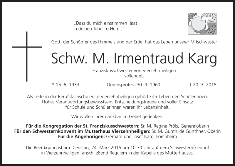  Traueranzeige für Irmentraud Karg vom 21.03.2015 aus MGO