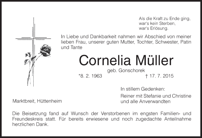  Traueranzeige für Cornelia Müller vom 24.07.2015 aus MGO