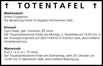 Anzeige von Totentafel vom 29.10.2015 von MGO