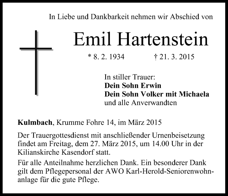  Traueranzeige für Emil Hartenstein vom 25.03.2015 aus MGO