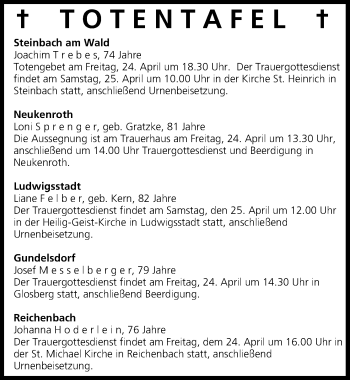 Anzeige von Totentafel 24.04.2015 von MGO