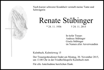 Anzeige von Renate Stübinger von MGO