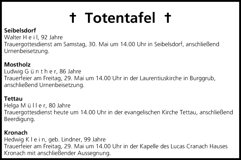  Traueranzeige für Totentafel vom 28.05.2015 vom 28.05.2015 aus MGO
