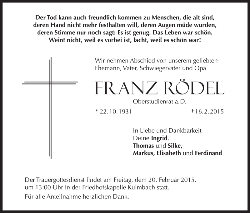  Traueranzeige für Franz Rödel vom 18.02.2015 aus MGO
