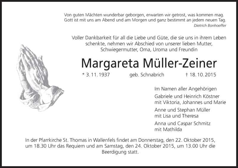  Traueranzeige für Margareta Müller-Zeiner vom 21.10.2015 aus MGO