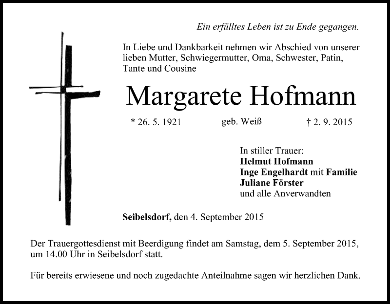  Traueranzeige für Margarete Hofmann vom 04.09.2015 aus MGO
