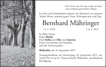 Anzeige von Bernhard Mähringer von MGO