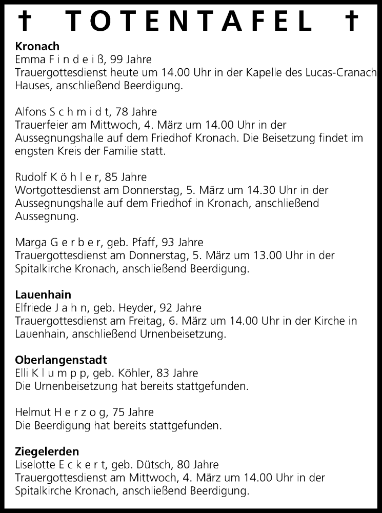  Traueranzeige für Totentafel vom 03.03.2015 vom 03.03.2015 aus MGO