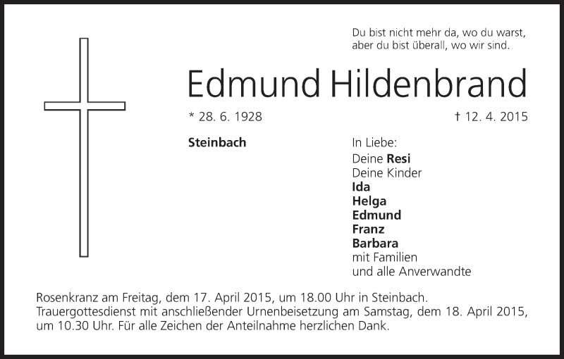  Traueranzeige für Edmund Hildenbrand vom 15.04.2015 aus MGO