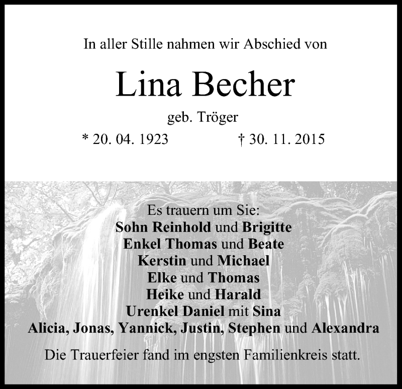  Traueranzeige für Lina Becher vom 12.12.2015 aus MGO