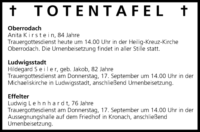  Traueranzeige für Totentafel vom 16.09.2015 vom 16.09.2015 aus MGO