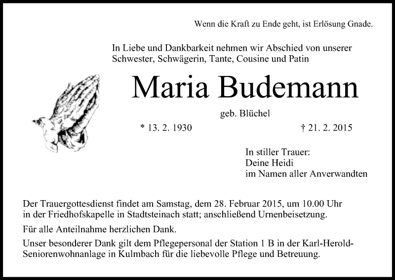  Traueranzeige für Maria Budemann vom 26.02.2015 aus MGO