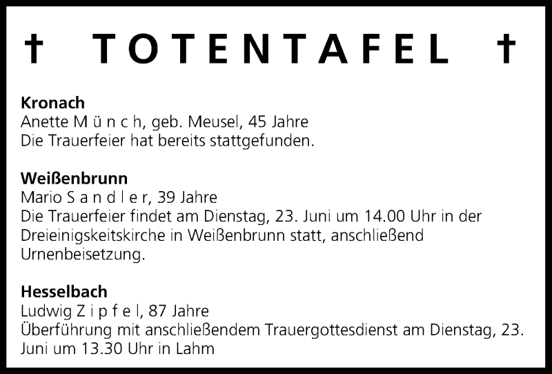  Traueranzeige für Totentafel vom 23.06.2015 vom 23.06.2015 aus MGO