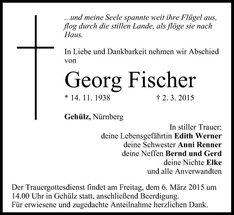 Traueranzeige für Georg Fischer vom 05.03.2015 aus MGO