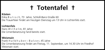 Anzeige von Totentafel vom 08.09.2015 von MGO