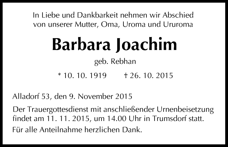  Traueranzeige für Barbara Joachim vom 09.11.2015 aus MGO