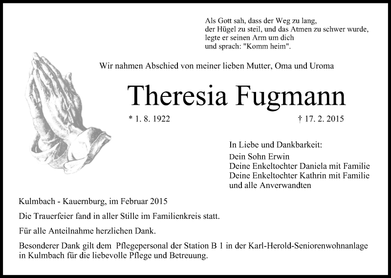  Traueranzeige für Theresia Fugmann vom 24.02.2015 aus MGO