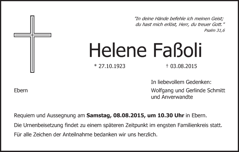  Traueranzeige für Helene Faßoli vom 06.08.2015 aus MGO