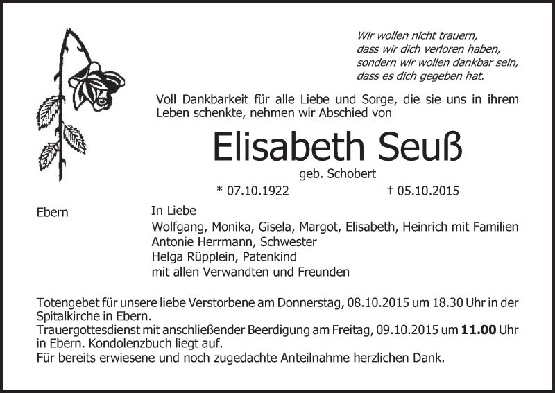  Traueranzeige für Elisabeth Seuß vom 07.10.2015 aus MGO