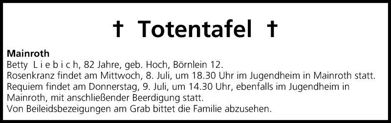  Traueranzeige für Betty Liebich vom 08.07.2015 aus MGO