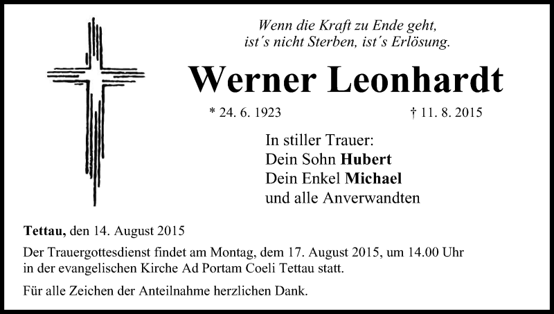  Traueranzeige für Werner Leonhardt vom 14.08.2015 aus MGO