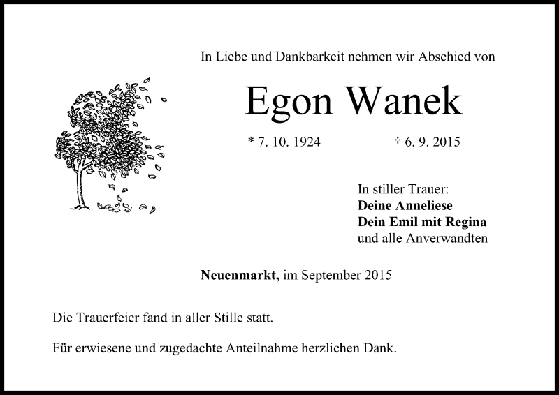  Traueranzeige für Egon Wanek vom 12.09.2015 aus MGO