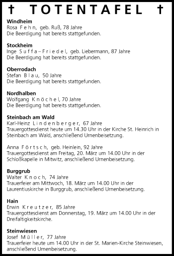 Anzeige von Totentafel vom 17.03.2015 von MGO