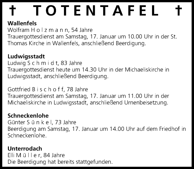  Traueranzeige für Totentafel vom 16.01.2015 vom 16.01.2015 aus MGO