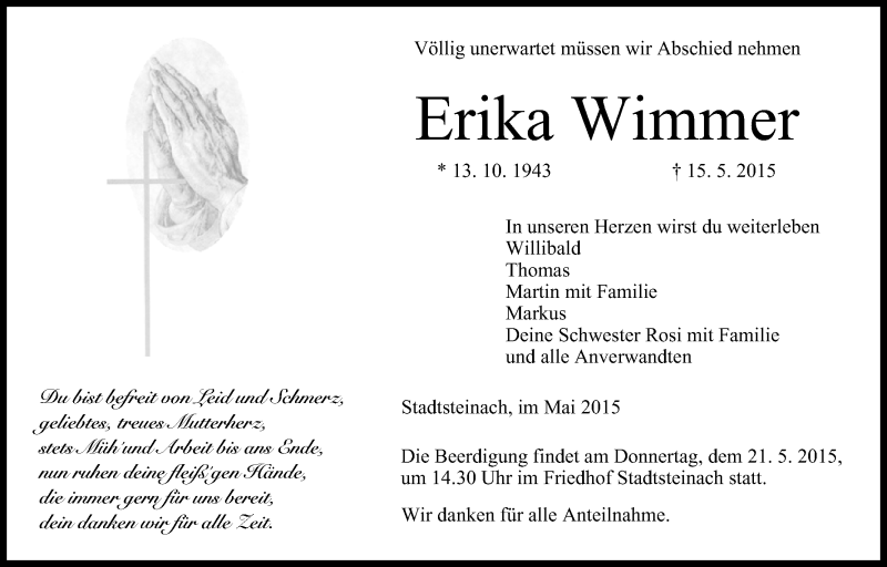  Traueranzeige für Erika Wimmer vom 19.05.2015 aus MGO