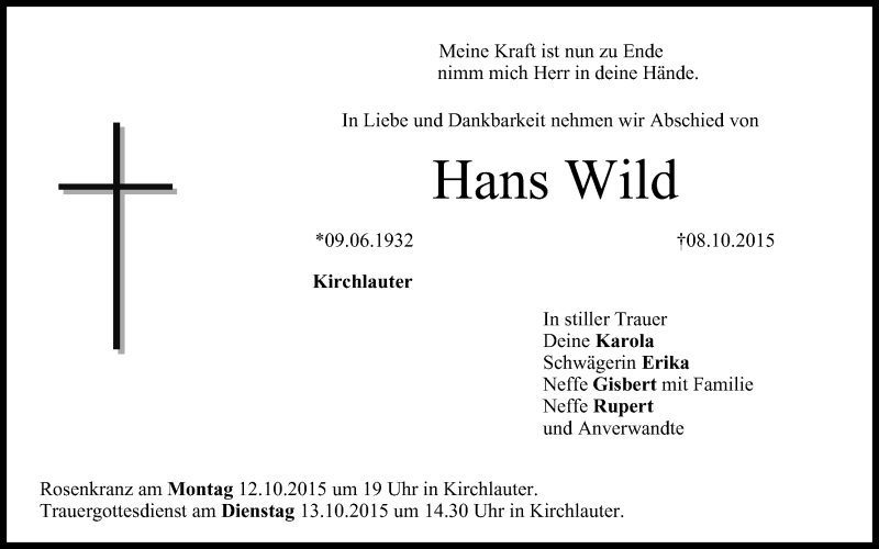  Traueranzeige für Hans Wild vom 12.10.2015 aus MGO