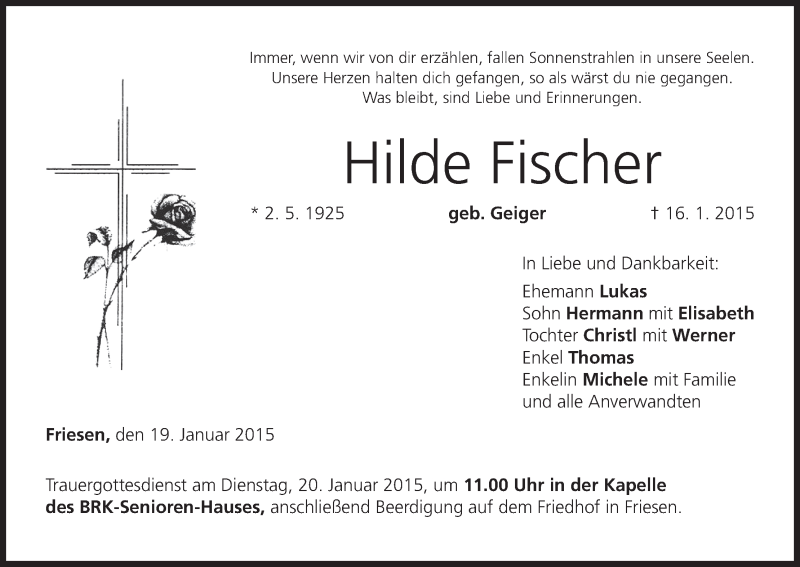  Traueranzeige für Hilde Fischer vom 19.01.2015 aus MGO