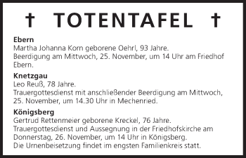 Anzeige von Totentafel vom 25.11.2015 von MGO