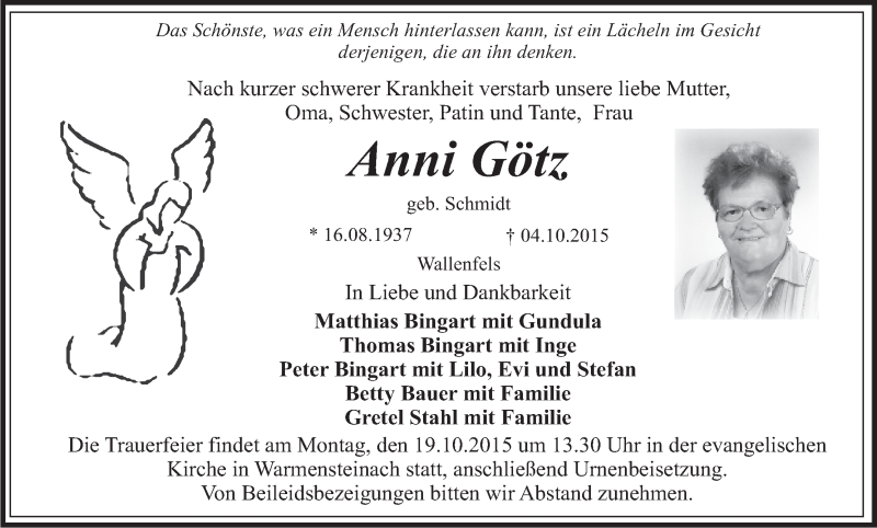  Traueranzeige für Anni Götz vom 16.10.2015 aus MGO