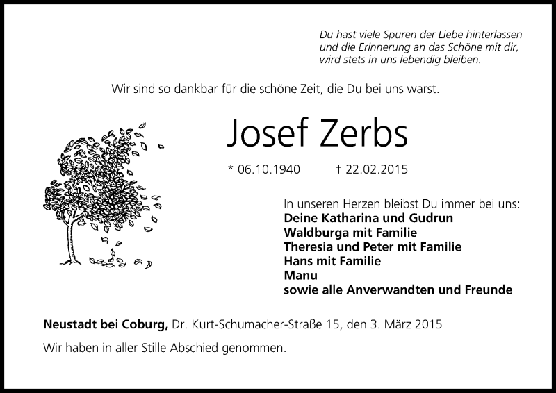  Traueranzeige für Josef Zerbs vom 03.03.2015 aus MGO