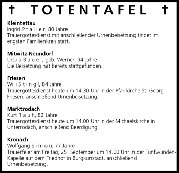 Anzeige von Totentafel vom 22.09.2015 von MGO