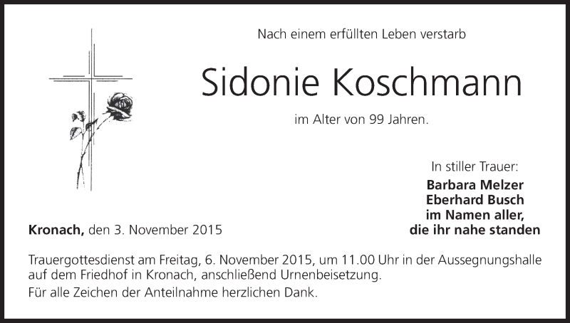  Traueranzeige für Sidonie Koschmann vom 03.11.2015 aus MGO