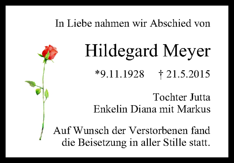  Traueranzeige für Hildegard Meyer vom 20.06.2015 aus MGO