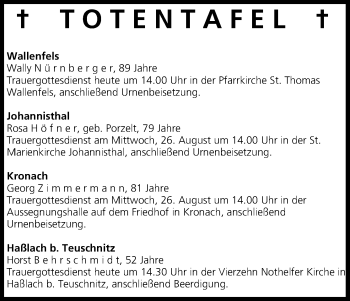 Anzeige von Totentafel vom 25.08.2015 von MGO