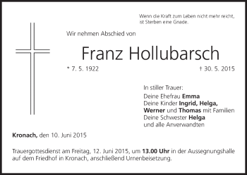 Anzeige von Franz Hollubarsch von MGO