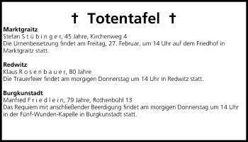 Anzeige von Totentafel vom 25.02.2015 von MGO