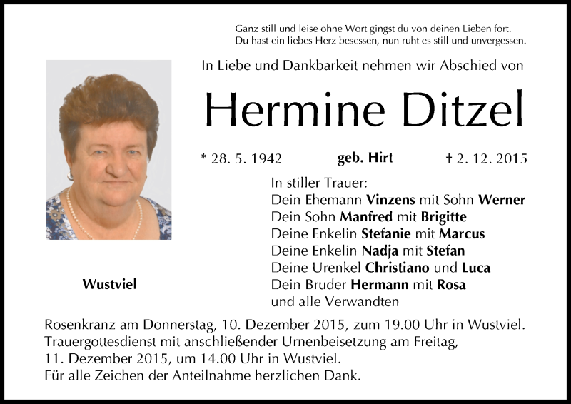  Traueranzeige für Hermine Ditzel vom 05.12.2015 aus MGO